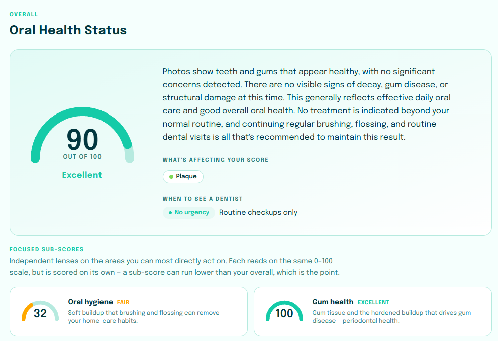OralLink report snapshot: overall oral health score out of 100